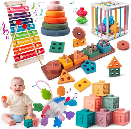 6-in-1 Montessori Baby Toy Set with Wooden Shape Sorter Xylophone Teether | 5 Stacking Rings, 6 Building Blocks, 20 Shape Blocks, Sensory Cube, Stacking, Sorting, Matching, Fine Motor Play, Baby Gift