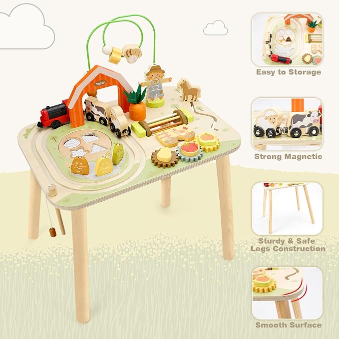 Vanplay Activity Table for 1 2 Year Old Boy Girl Birthday Gifts | 10 in 1 Farm-Themed, Upgraded Large Size, Learning Activities with Fishing/Shape Sorte/ Animal Train Track for Toddler 1-3