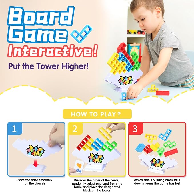 BBnote 64PCS Stack Game for Adult & Kids, Tetra Board Tower Games for Family Travel Party, 2 Players Balance Stacking Toy, Team Toys Building Block