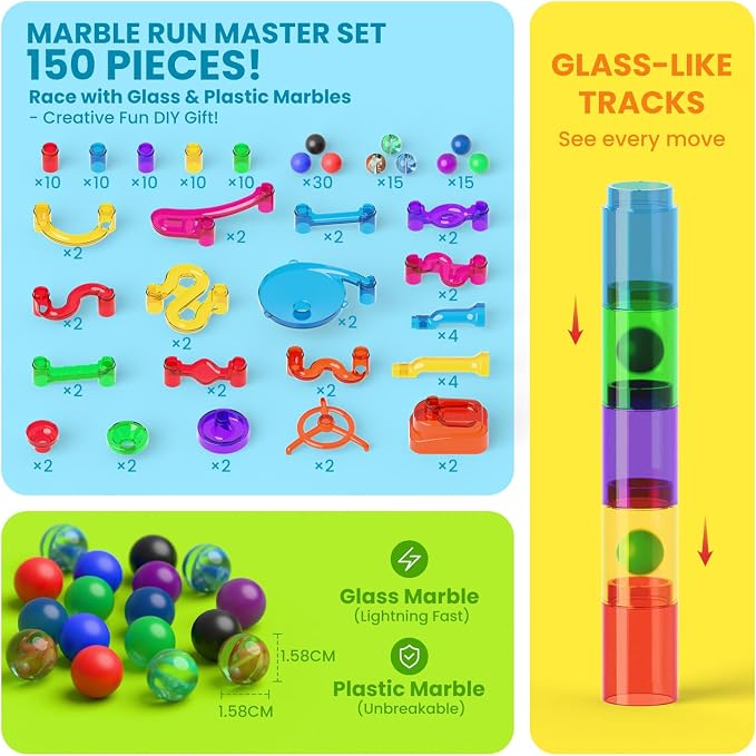 MaxTronic Marble Run, 150 Pcs Marble Maze Race Building Blocks Toy Game & STEM Learning Toys Christmas Birthday Gift for Kids Aged 3-12