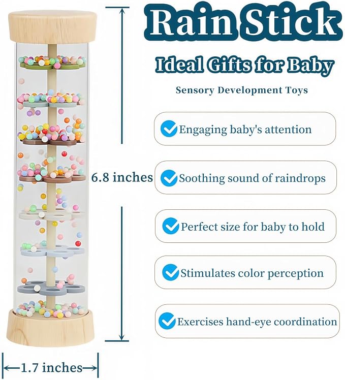 Oneshow Wooden Rain Stick Montessori Toys for Baby 12-36 Months, Rainmaker | Rain Sticks for Kids, Baby Rattle Shaker Sensory Toy with Calming Rain Sounds, Educational Gifts for Toddler Boys Girls, 6.8"