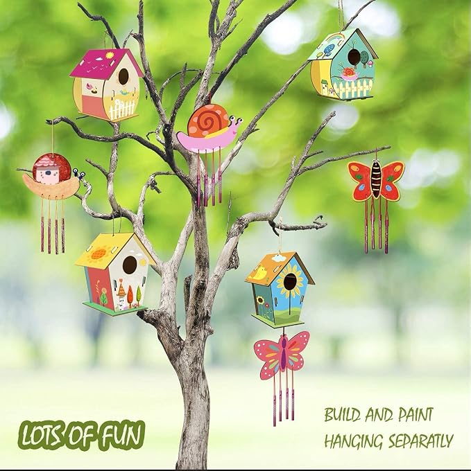 Home Composer 4 Pack DIY Bird House Wind Chime Kits for Children to Build and Paint, Wooden Arts and Crafts for Kids Girls Boys Toddlers Ages 8-12 4-6 6-8