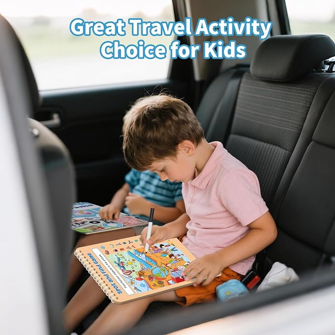 Elfew 2 Pack Reusable Travel Games Activity Books for Kids Ages 4-8, 8-12 | Include 2 Markers, 56 Different Brain Games, Waterproof, Spiral Binding, Toy & Learning Tool for Road Trip Airplane Activity