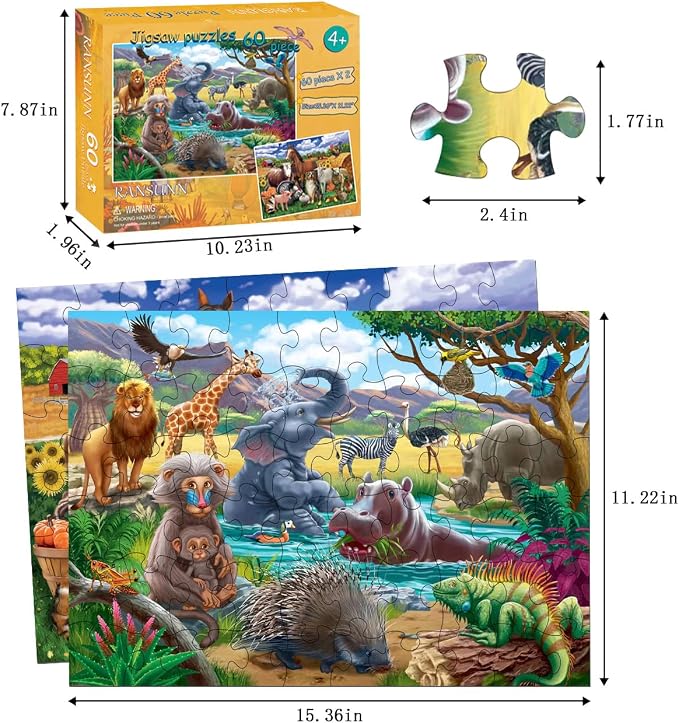 RANSUNN Puzzles for Kids Ages 4-6 - Farm & Wild Animal | 2 Packs 60 Piece Puzzles for Kids Ages 3-5 6-8,Toddler Children Learning Educational Jigsaw Puzzles Toys for Boys and Girls