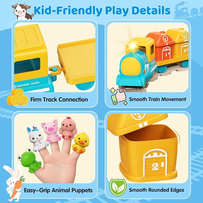 Electric Train Set for Toddler with Farm Animals, Music & Lights, Ages 2-4 | Montessori Self-Moving Electric Train Set, 37 PCS with 8 Numbered Barns and Animal Finger Puppets for Counting and Sorting