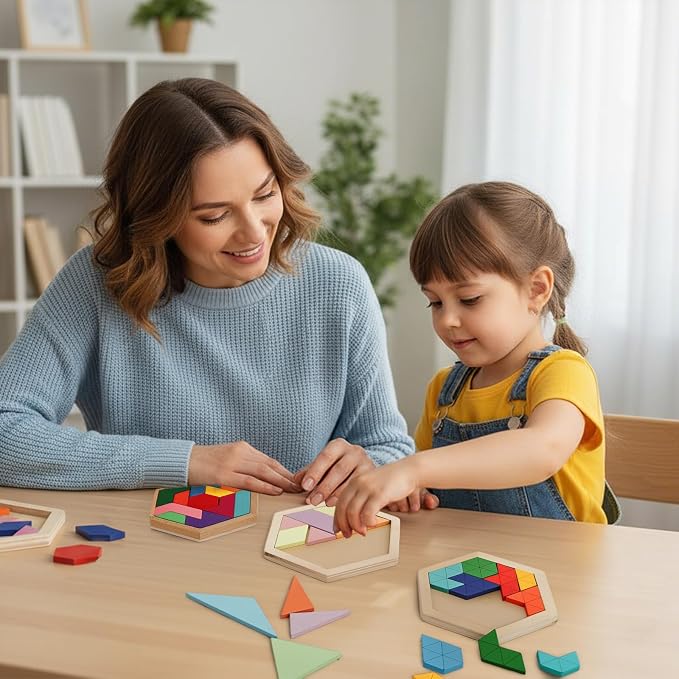 Yopay 6 Pack Wooden Tangrams Puzzles for Kids, 6 Styles Brain Teaser Hexagon Puzzle Block Geometric Shapes Jigsaw 3D Logic IQ Game