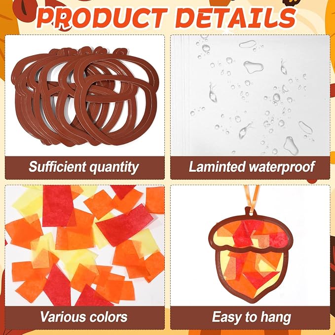 Qyeahkj 36 Set Fall Acorn Suncatchers Crafts for Kids DIY Autumn Window Tissue Paper Craft Kit Hanging Decor for Thinkgiving School Home Activity Art Project Birthday Party Favor Gift