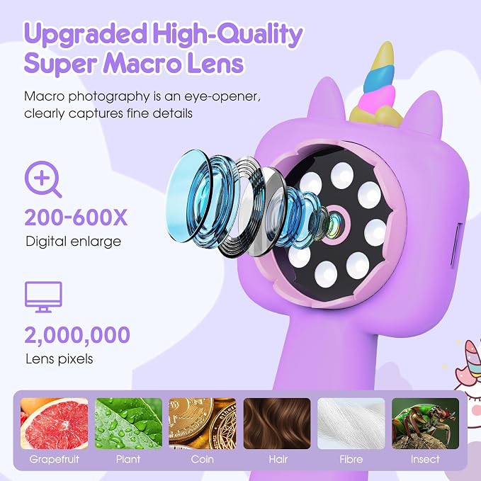 Magnify 2.4" Screen Handheld Microscope for Kids, 600X Digital 4K Kids Microscope, 8 LEDs Pocket Microscope, Portable Edu Toy for Ages 3-12 Boys& Girls Exploring Bugs Plants at Home & Outdoor Travel