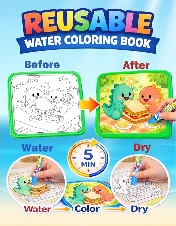 KONLE Reusable Water Painting Books, 10 Pages Dinosaur Coloring Books | Mess Free Coloring Book for Toddlers 1-3, Travel Gift for Boys & Girls, Educational Art Activity, Montessori Art