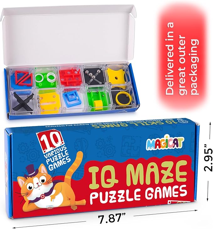 Magicat Premium IQ Balance Puzzle Set I 10 Teaser Puzzle Cubes I Balance 3D Maze Box I Puzzles for Christmas I Brain Games Puzzles for Kids Ages 8-10 I Prize Box Toys for Kids Classroom I Puzzle Box
