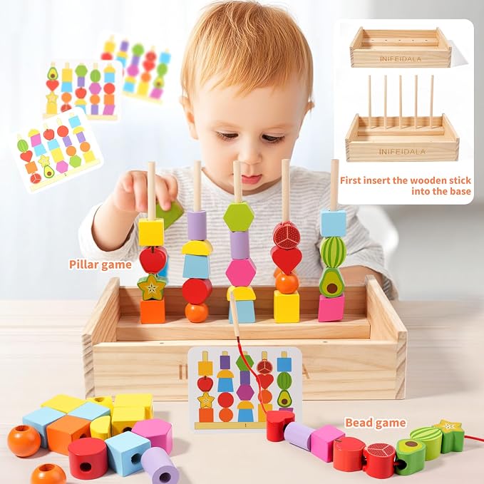INIFEIDALA Montessori Toys for 3 4 5 Year Old,Gifts for Toddlers | Stacking Blocks, Lacing Beads & Shape Stacker, Wooden Beads Sequencing Toy Set, Fine Motor Skills & STEM Preschool Learning