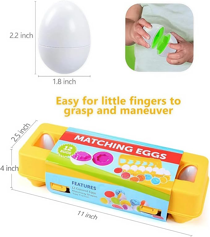 MAGIFIRE Toy Eggs for Toddlers 1-3 - 12 Matching Plastic Eggs, Assorted Colors and Shapes - Fun Gift for Toddlers - Montessori Matching and Sorting Set - STEM Educational Toy