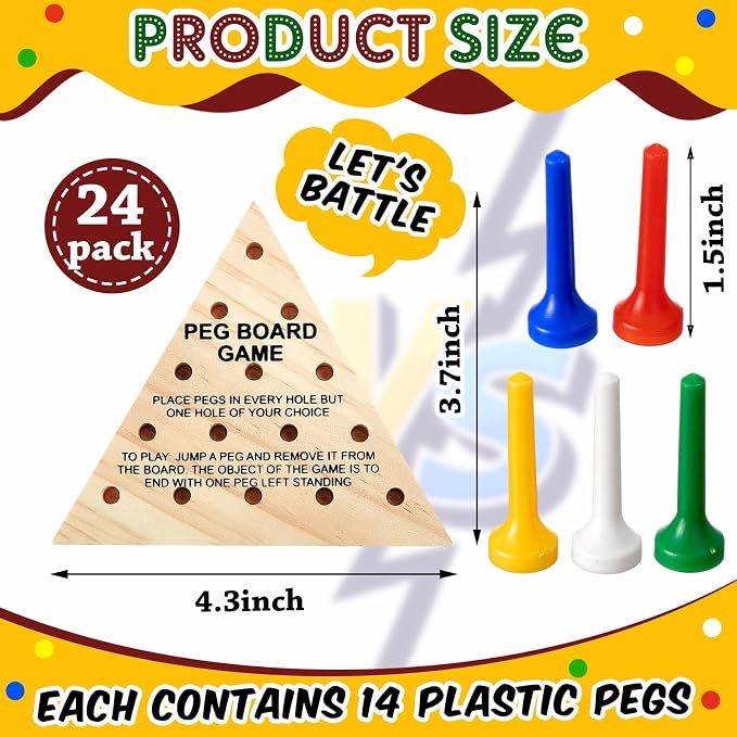 Skylety 24 Pack Triangle Peg Games Wooden Board Table Game for Family Boys Girls Adults, Learning Toys Travel Peg Jump Toys Triangle Puzzle Brain Teaser Christmas Gifts (Multicolor)