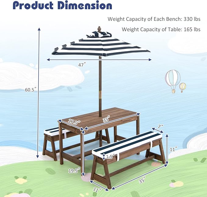 Costzon Kids Picnic Table, Toddler Wood Table & Chair Set w/Cushions, Height Adjustable Umbrella, Children Activity Table Outdoor Furniture Set for Patio, Garden, Backyard, Gift for Ages 3-8 (Blue)