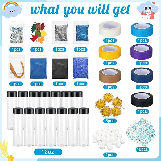 12 Pcs Weather Sensory Bottle Kits 13.5oz Plastic Calm Down Bottle with Lids 7 Styles Stickers Glitter Sequins Filler Acrylic Ice Cubes DIY Calm Down Jar Kit Accessories for Relieving Anxiety