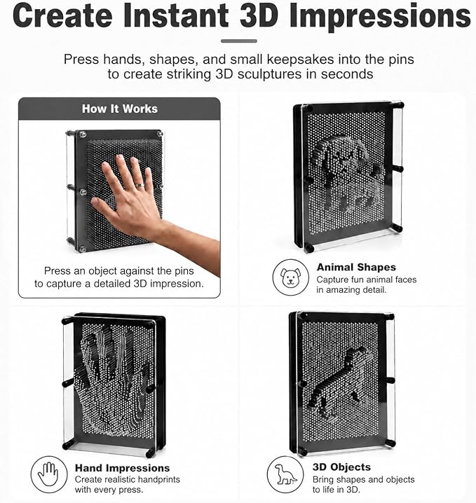 MICKYU Metal 3D Pin Art Board, Sensory Desk Decor and Stress Relief Toy | classic hand imprint toy, novelty impression sculpture autism toy, unique gift for adults