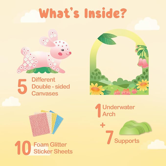 BINCA Foam Sticker Mosaic Art Activity, 750+ 3D Glitter Foam Stickers, 5 Garden Animals with Display Arch, DIY Mess-Free Activities, Gifts for Boys & Girls Ages 5,6,7,8