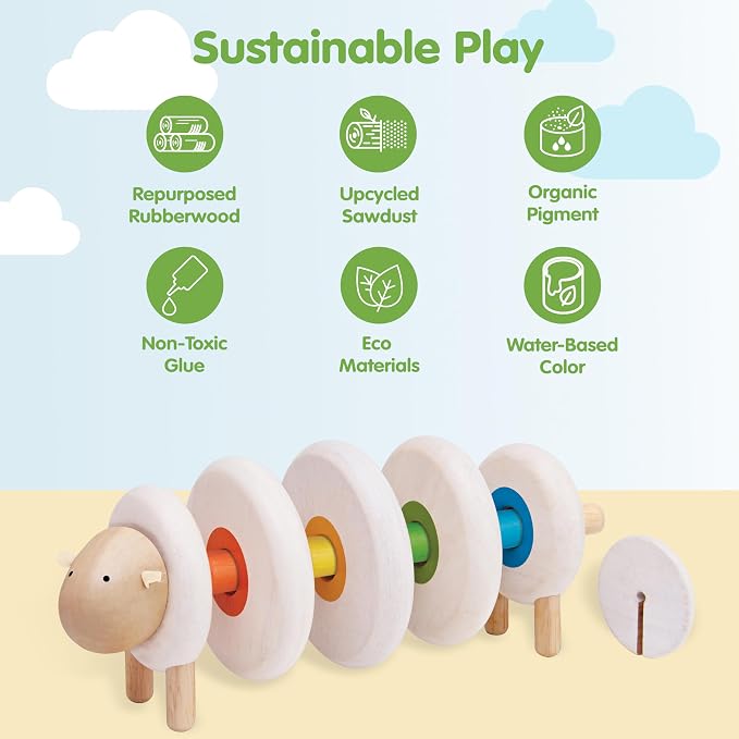 PlanToys® Lacing Sheep Wooden Threading Toy for Kids Ages 3+ Montessori | lacing sheep wooden threading toy, montessori fine motor coordination, focus creativity activity, ages 3+, preschool learning
