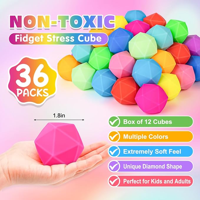 VISCOO 36 Pack Diamond Slow Rising Stress Balls, Stress Cube, Cube Squishy | Squishy Fidget Toys for Anxiety Relief, Dough Squeeze Toys for Classroom Prize, Party Favors for Kids Adults