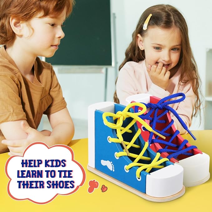 STOBOK 2pcs Learn to Tie Shoes for Kids with Wooden Lacing Sneaker Toy | Tie-Up Shoe Practice Kit Threading Montessori Educational Toys (Blue + Pink)