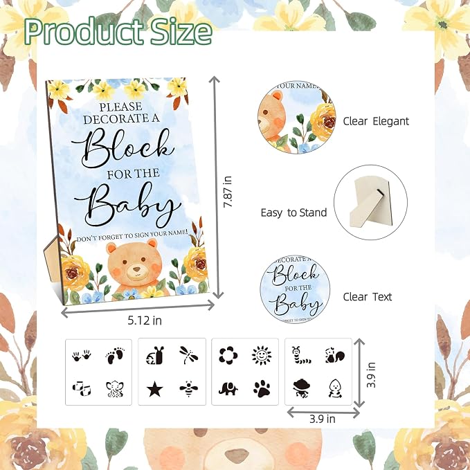 141 Pcs Baby Shower Game Sign Set Includes Decorative Square Signs 100 DIY Blank Wooden Blocks 20 Paint Markers(Bear)
