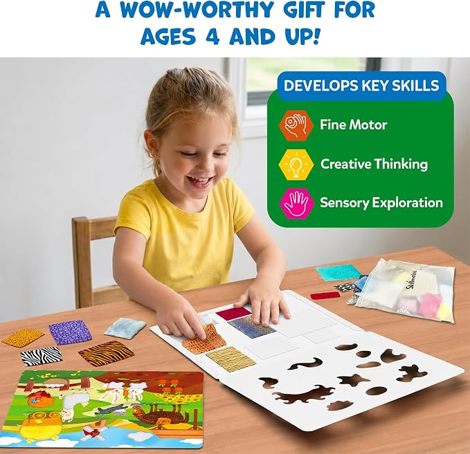 Skillmatics Fab Tabs – Animals, Sensory Fabric Art, Sewing Craft Kit | Peel & Stick Sticker Activity, Mess-Free Play, Travel Toy, Gifts for Boys & Girls Ages 4, 5, 6, 7, 8, 9