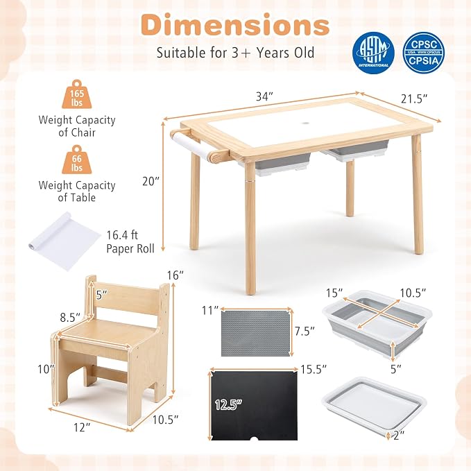 HONEY JOY Sensory Table and Chair Set, Wooden Sand & Water Activity Set w/Adjustable Height, Dual Sided Top, 2 Bins, Paper Roll & 2 Hooks for Art, Study, Craft, Gift for Boys Girls 3+