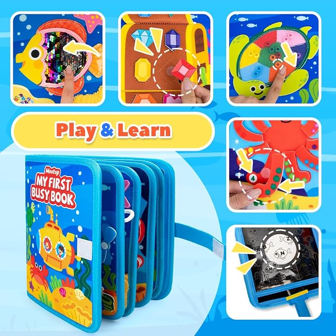 Toddler-Busy-Board, 10-Page Ocean Busy-Book, Learning Sensory-Board-Toys | Educational Quiet Activity Book with Sea Animals & Life Skills, Baby Book Sensory Fine Motor Toy for Airplane Car Travel Toys