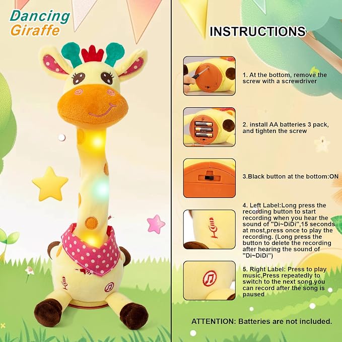 Emoin Dancing Talking Giraffe Baby Toy | Adjustable Volume Singing 10 Children's Songs, Mimicking Recording Repeating What You Say for Toddlers