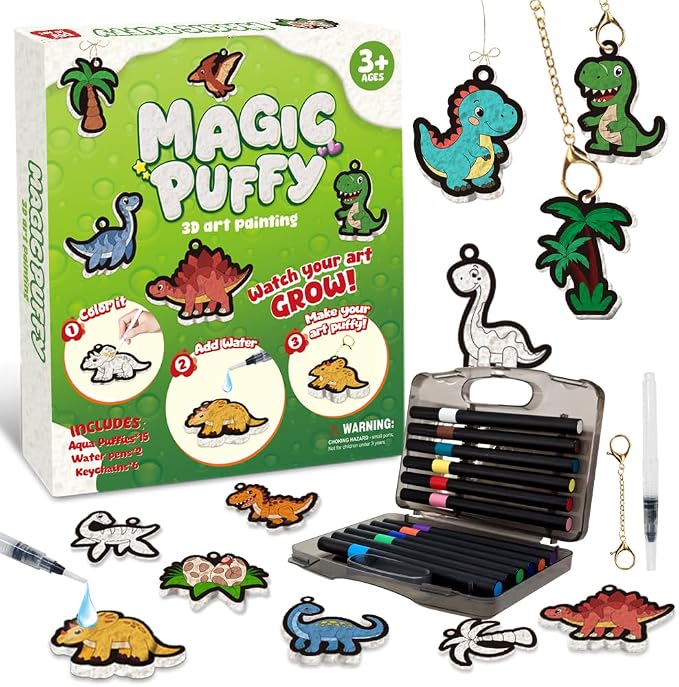 Artnedu Magic Puffy Paint Kit for Kids,Dinosaur Theme,Mess-Free DIY Toy | 3D Color Activity,Screen-Free Entertainment,Paint by Number Craft for Kids,Gift for Girls & Boys Ages 4, 5, 6, 7, 8, 9, 10