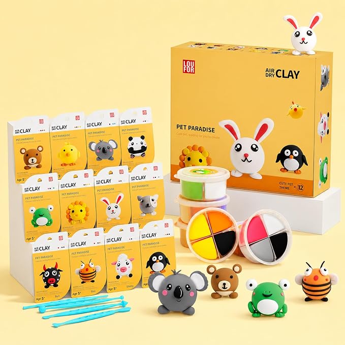 Air Dry Clay Kit -12 Animals Modeling Clay for Kids Arts and Crafts | Ultra Light & Soft,Safe & Non-Toxic,No-Sticky & Crack,DIY Molding Clay with Sculpting Tools,Party Favors Gifts for Girls Boys