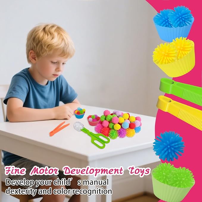188 Pcs Fine Motor Skills Counting Sorting Sensory Toy Set 72 Hedge Ball 5 Tweezer 3 Scissor Clip 18 Sorting Cup 60 Pom Pom 30 Number Ornament for Education Preschool Training