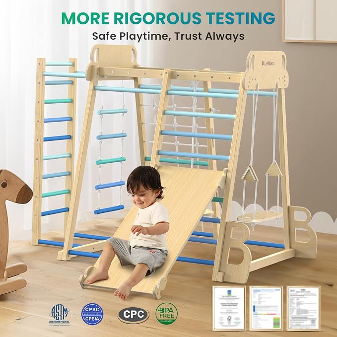 Upgraded Indoor Jungle Gym 9-in-1 Playground Kids Climbing Toys | Waldorf Style Wooden Climber Playset with Slide, Swing, Monkey Bars, Upright/Rope Ladder, Climb Net, Blue