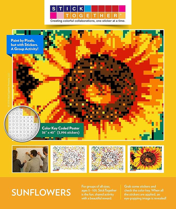 4 Pack Bundle Mosaic Sticker Art for Kids and Adults Includes Hot Air Balloon, Tiger, Butterfly and Sunflowers Posters, Large Sticker by Number/Letter Posters 36" x 40" with 3,996 Stickers