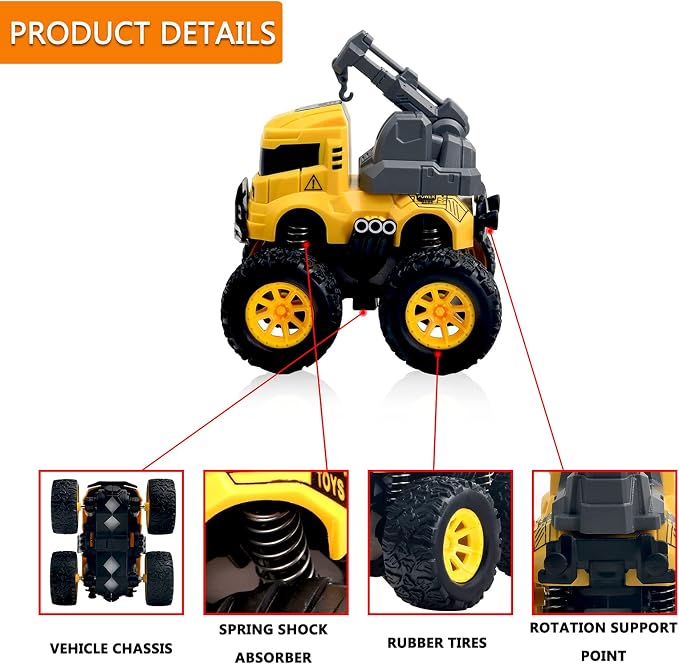 4 Pcs Construction Monster Truck Toys, Monster Trucks Friction Powered Car | Excavator, Mixer, Crane, Dump Trucks Toy, Push & Go 360° Roating Cars for Toddlers Kids Xmas Birthday Gifts for 3+ Boys Girls