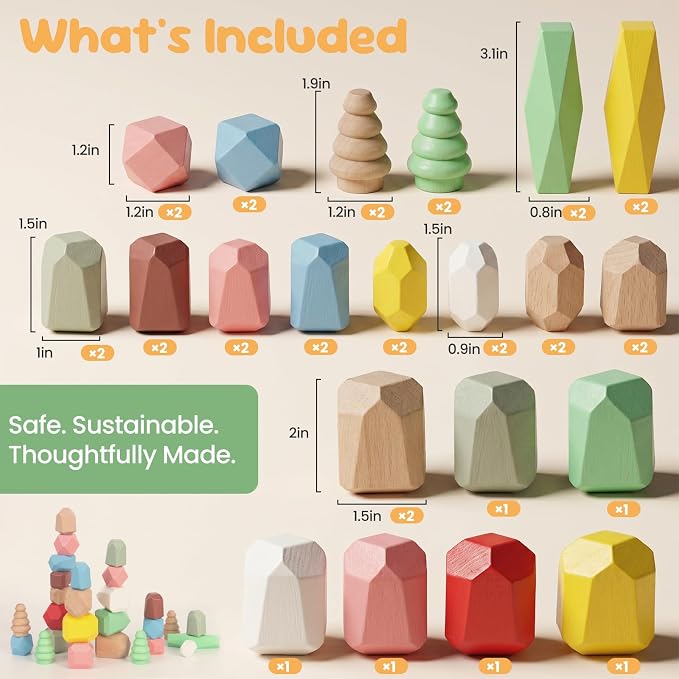 WOODENFUN Wooden Stacking Rocks Stones Building Blocks Sensory Toddler Toys | 36Pcs Montessori Toy Preschool Learning Activities Balancing Stacking Game, Birthday Gifts for Kids 3-5 Year Old