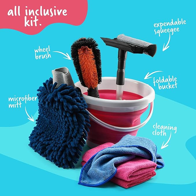 Kids Car Wash Activity Kit – 7 Kid-Sized Carwash Accessories Gifts for Boys & Girls Ages 5 6 7 8-10 - Outdoor Fun Toys – Set Includes Bucket, Squeegee, Microfiber Mitt, Wheel Brush, 3 Cleaning Cloths