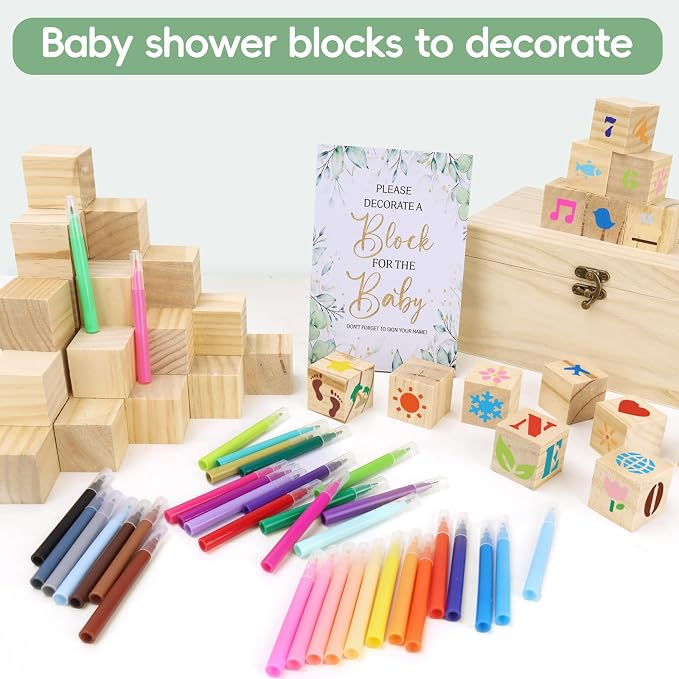 96 Pcs Decorate A Block Baby Shower, Fun Baby Shower Games Sign Kit, Baby Shower Blocks to Decorate, Baby Blocks Wooden Box with 52 Wooden Blocks 36 Paint Markers 1 Game Sign 6 Stencil Templates