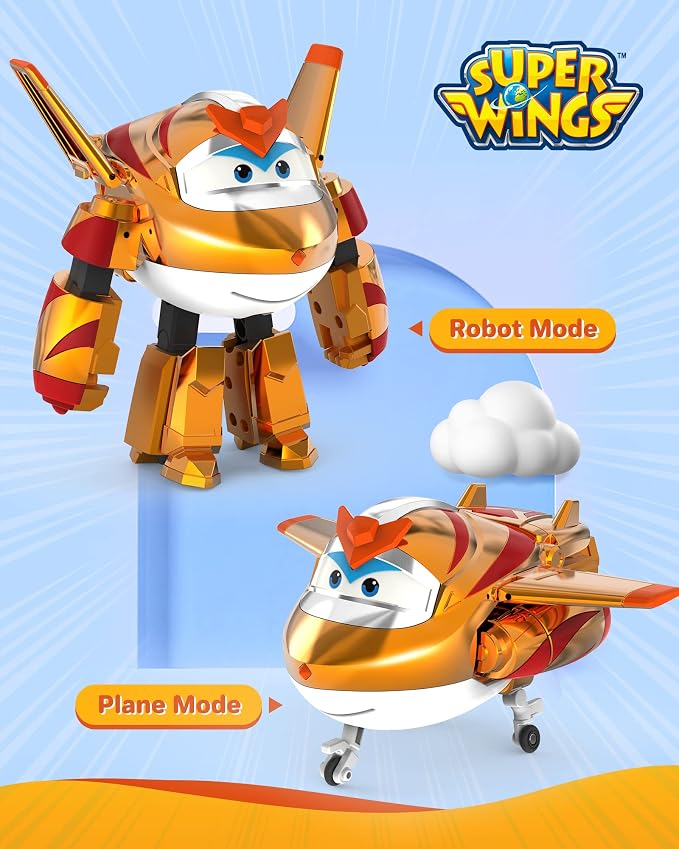 Super Wings 5" Transforming Golden Boy, Airplane Toys Vehicle Action Figure, Transforming Plane to Robot, Birthday Gifts for 3 4 5 Year Old Boys Girls Preschool Kids, Gold