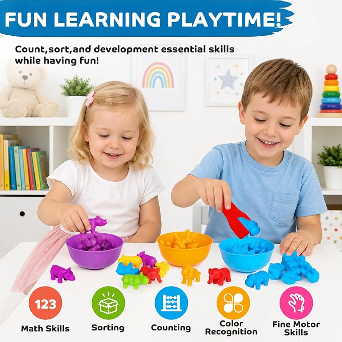 Counting Animals Montessori Toys, Color Sorting Learning Toys for Kids 3-5 | Sensory Bin Filler, Counting Bears, Fine Motor Skills, Preschool Educational Toy for 3 4 5 Year Old Boys Girls Birthday Gift