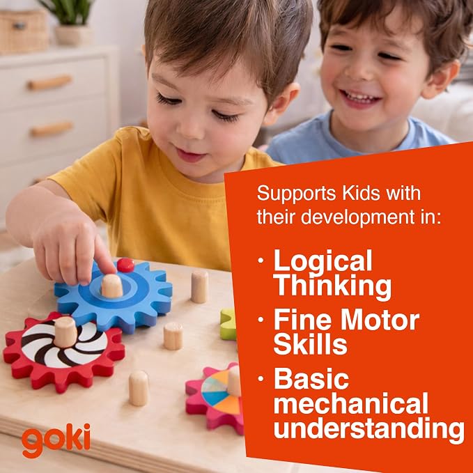 Goki Wooden Spinning Gears 8-Piece Montessori Educational Toys for 3 Year Old STEM Cause & Effect Building Set for Fine Motor Skills & Logical Thinking I Sensory Toys for Toddlers I Gifts for 3+