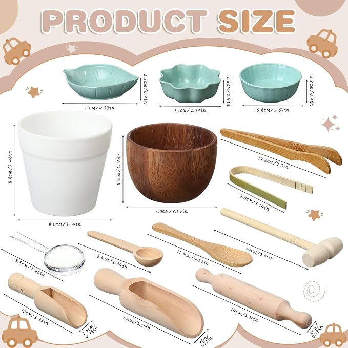 14pcs Sensory Bin Tool Sensory Tools for Boys and Girls Fine Motor Skill Toys Wooden Tong Spoons Bowls Plate Hammer Magnifying Glass and Rolling Pin for Transfer Work and Fine Motor Learning