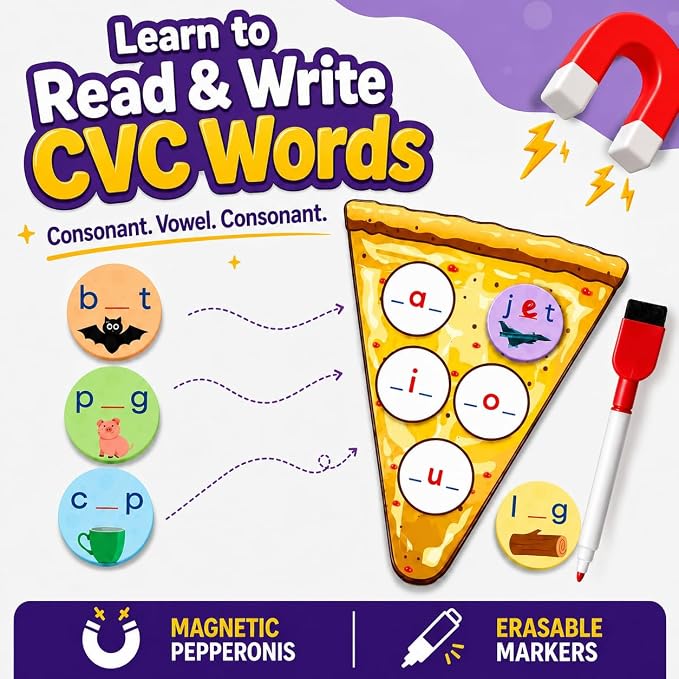 CVC Words on Pepperoni - Learn to Read & Write, Magnetic Phonics Games | Preschool Kindergarten Learning, Write-Wipe Activity, Classroom & Homeschool Supplies, Speech Therapy Ages 3+