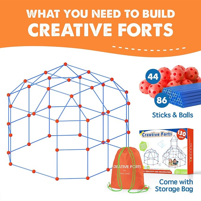 Tiny Land Fort Building Kit for Kids Ages 4-12, STEM Building Toy | 86 Rods & 44 Balls, Build Forts, Tunnels & Castles, Indoor/Outdoor Play, Storage Bag, STEM Gift for Kids