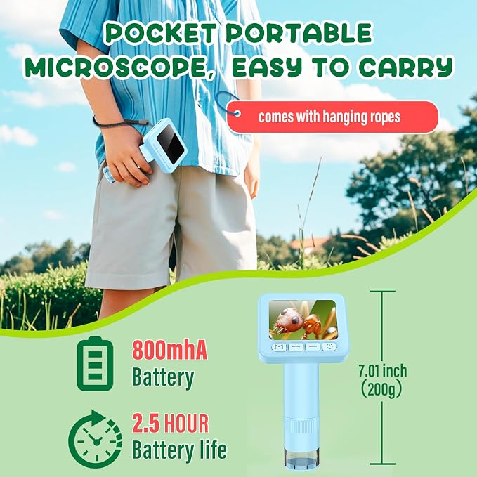 IMICHI Microscope for Kids 50X-1000X - 2 inch IPS HD Screen, 32GB Storage Card, 1080P Video, 2-Hour Battery Life, Easy Carry, Slides Included - Perfect Science Kit Gift for Kids Ages 8-12 Blue