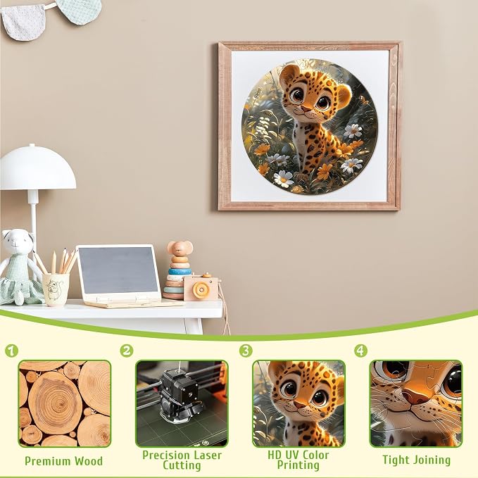 Animal Wooden Puzzles for Kids - Cute Cheetah | 50 Piece Puzzles for Kids Ages 6-8, Kids Puzzles with Unique Animal Shapes, Round Gift for Girls and Boys (11.4 * 11.4 in)