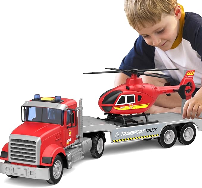 DOWELLIN 22" Semi Fire Truck Toy with Helicopter for Kids Toddlers - Fire Police Trucks Car Toys, Birthday for Boy Girl Child 3 4 5 6 7 Years Old