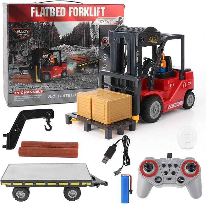 1:24 RC Forklift with Trailer, 2 in 1 Transform Lift Fork & Hook, Kids Forklift Toy with Light & Sound & Spray, 11 Channel Remote Control Forklift, Construction Toy Gift for Kids 6+ (Red)