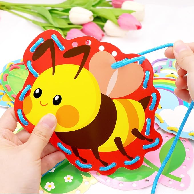 Omlisca Springtime Lacing Cards for Kids 12 Packs Double Sided Sewing Kits Flower Rainbow Butterfly Sewing Cards Educational & Learning Activities Fine Motor Skill for Preschool Supplies Spring Decor