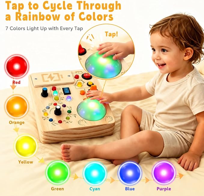 Toddler Busy Board ,Montessori Toy with Tap Light ,6.9"x5.9" Wooden Busy Board with LED Traffic Light for Kids , Travel Sensory Toys for 1+ Year Old baby Christmas/Birthday Gift(Battery Not Included)